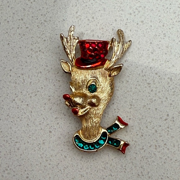 Vintage Weiss Christmas Rudolph Top Hat Reindeer Figural Brooch Pin Gold Tone - Picture 3 of 8